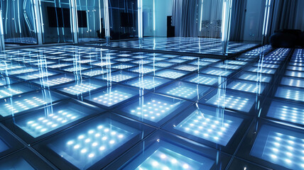 An ultra-HD image showcasing a futuristic floor design with LED-illuminated glass tiles, arranged in a grid pattern to create a dynamic and visually striking effect.