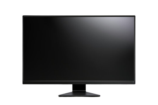 Black Computer Monitor. A black computer monitor sits prominently against a plain white background. The monitor appears sleek and modern, with a blank screen reflecting no image.