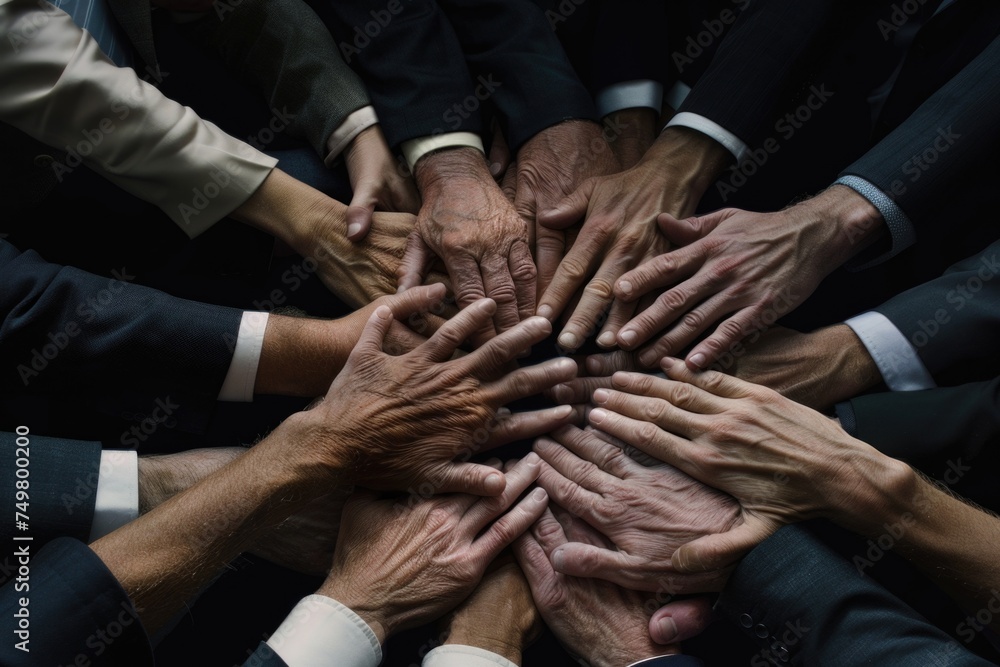 Poster A group of people putting their hands together. Suitable for team building concepts