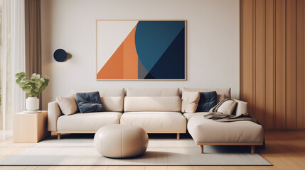 Minimalist Living Room with Beige Sofa, Geometric Wall Art, and Wooden Accents