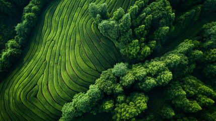 Aerial view of the tea plantation. - obrazy, fototapety, plakaty