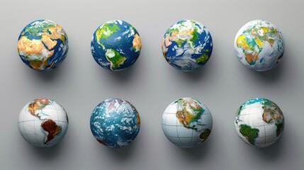 Group of globes on a tabletop, suitable for educational concepts