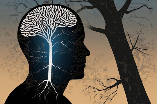 Human head silhouette with tree inside symbolizes nature and brain connectivity. Conceptual imagery for creativity and growth. 
