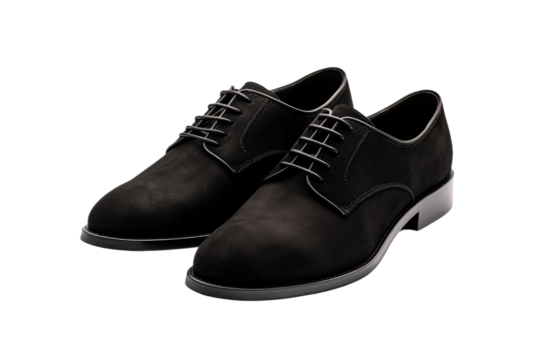 Black Shoes. A pair of black shoes resting on a clean, white background. The shoes are sleek and elegant, showcasing a classic design. on White or PNG Transparent Background.
