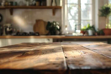A wooden table in a kitchen next to a window. Ideal for home decor or interior design concepts