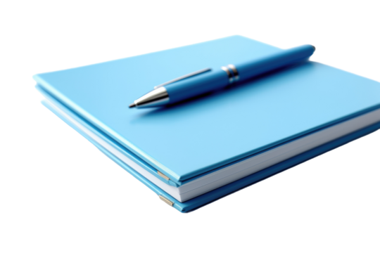 Blue Notebook With Pen. A blue notebook lies open with a pen resting on its lined page. The pen appears ready for writing, poised near the notebooks crisp white paper.