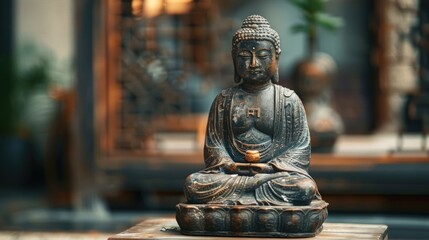 A serene Buddha statue placed on a wooden table. Suitable for interior decor or spiritual themes