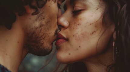 A close up of a person kissing a woman. Ideal for romantic concepts
