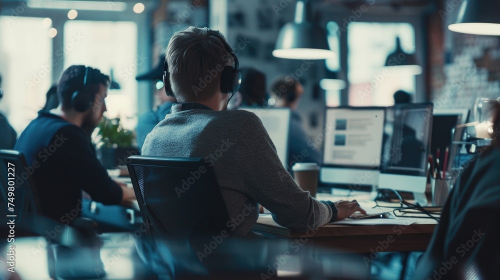 Aufkleber Person working at desk with computer. Suitable for business and technology concepts