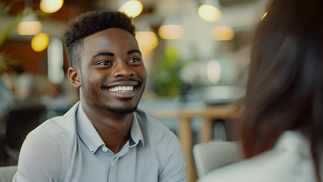 Handsome smiling African American Gen-z man at a job interview for a tech company