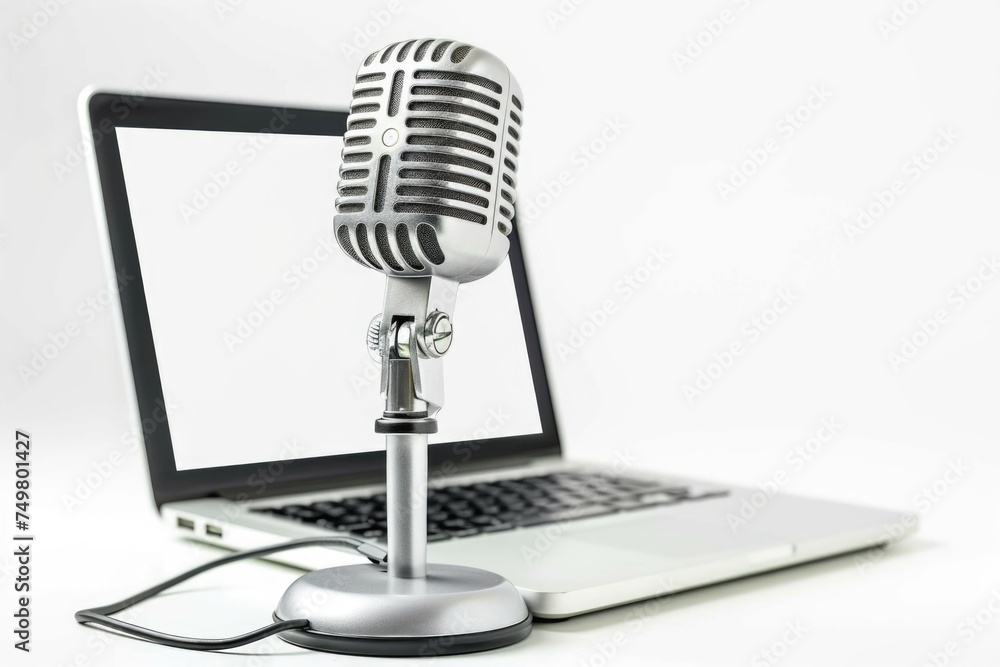 Poster A microphone placed next to a laptop computer. Ideal for tech and podcasting concepts