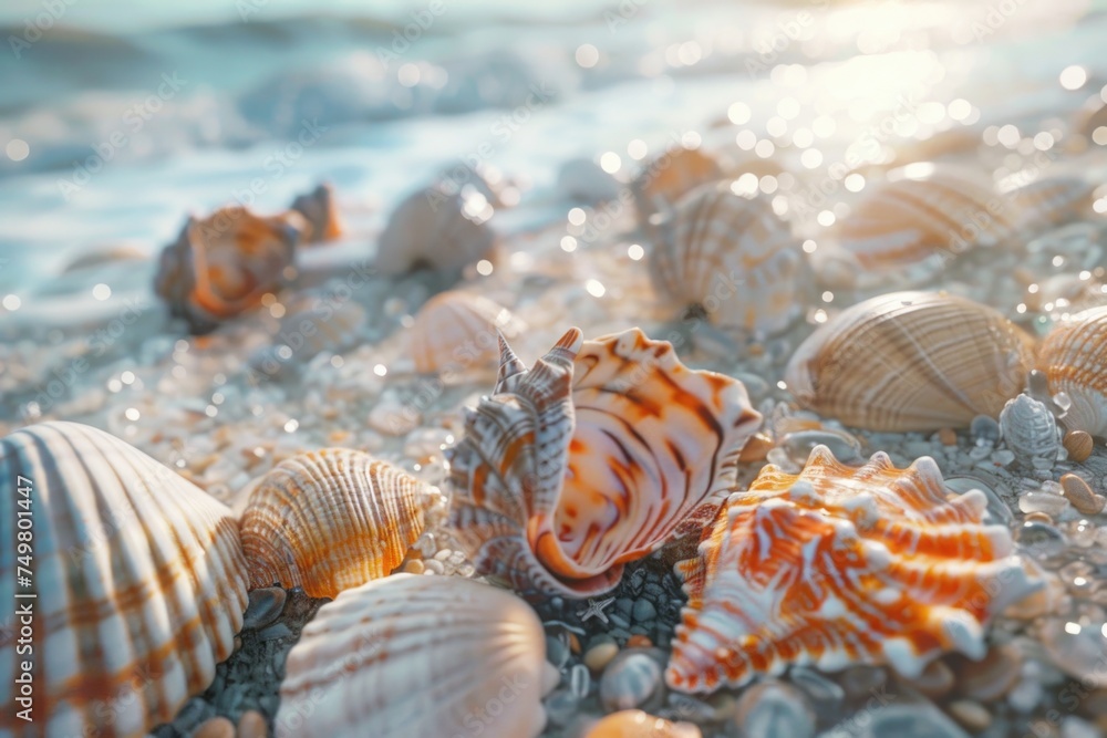 Poster a collection of sea shells on a sandy beach. suitable for travel and nature concepts