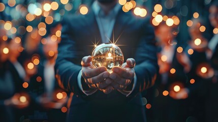 A man in a suit holding a crystal ball. Suitable for business and fortune telling concepts