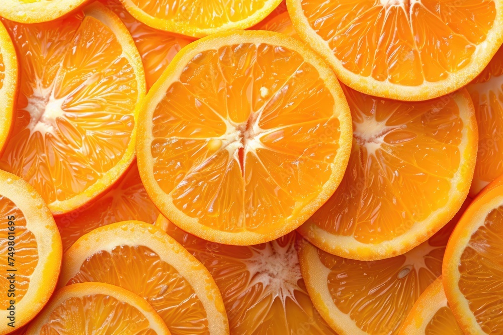 Poster fresh orange slices neatly stacked on top of each other. suitable for food and beverage concepts