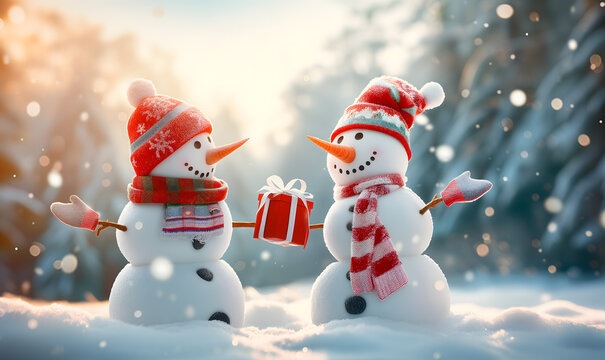 Snowman Snow Man Christmas Cartoon Scene Concept