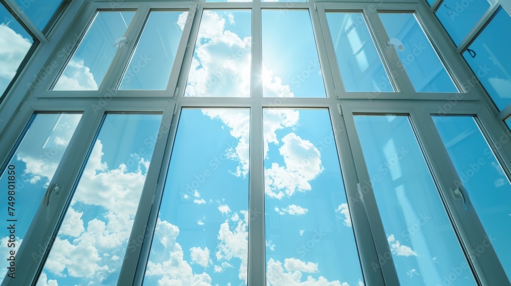 Poster a beautiful view of the sky through a large window. suitable for interior design projects