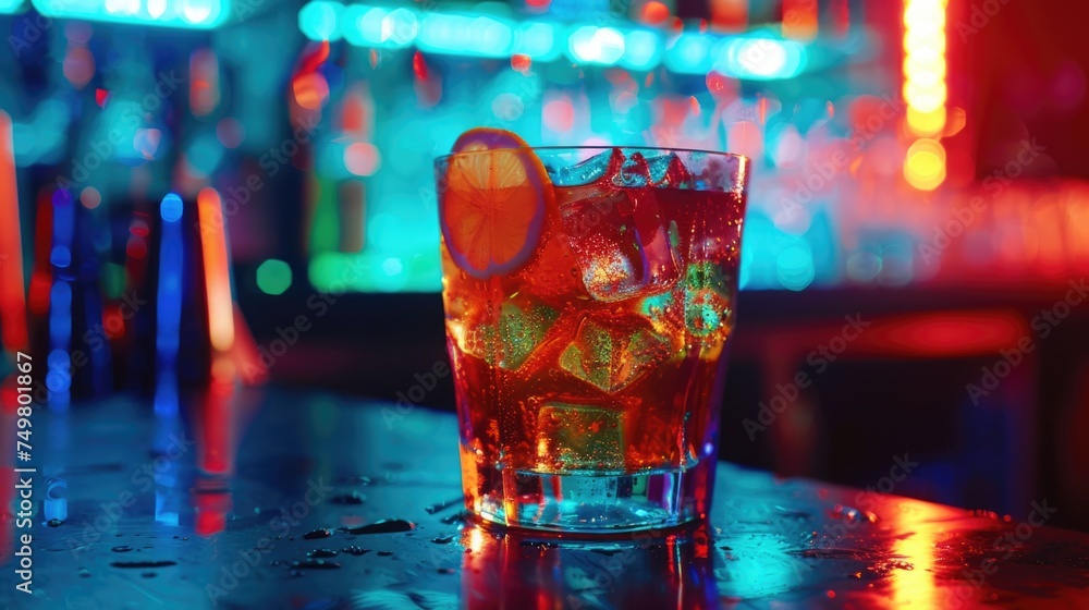 Poster close up of a drink in a glass on a table. suitable for various projects