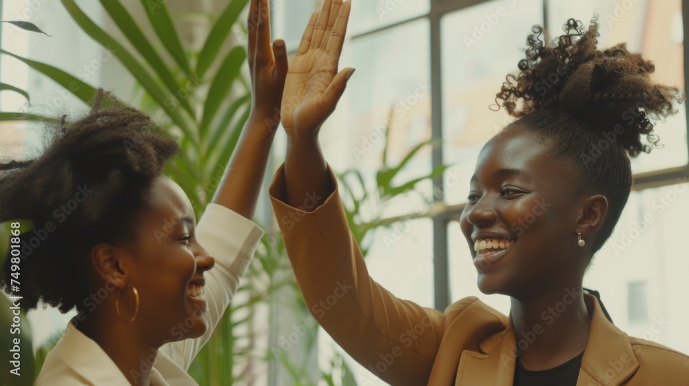 Wall mural two women celebrating with a high five. suitable for teamwork and success concepts