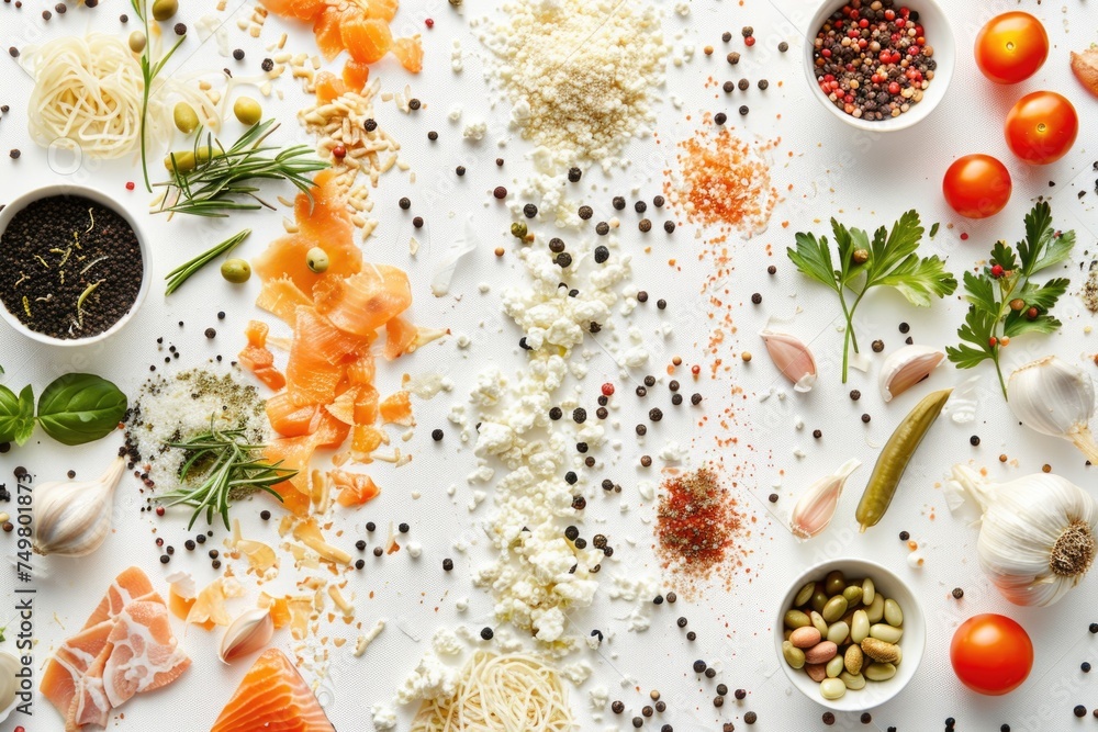 Poster a table topped with various types of food, suitable for food and cooking concepts
