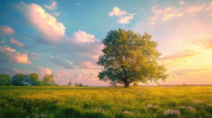 Obraz premium A lone tree standing tall in a field of yellow flowers. Perfect for nature and landscape themes