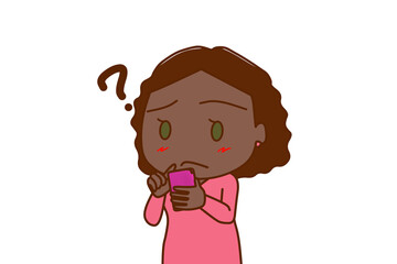 （上半身斜め）スマホを持って使い方が分からなくなり疑問を持つアフリカ系女性