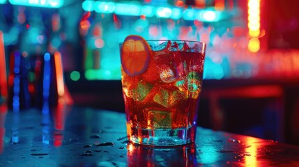 Close up of a drink in a glass on a table. Suitable for various projects