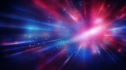 Fototapeta premium Neon Background with Bokeh Sparks Texture and Defocused Blue Red Purple Rays on Dark Overlay.