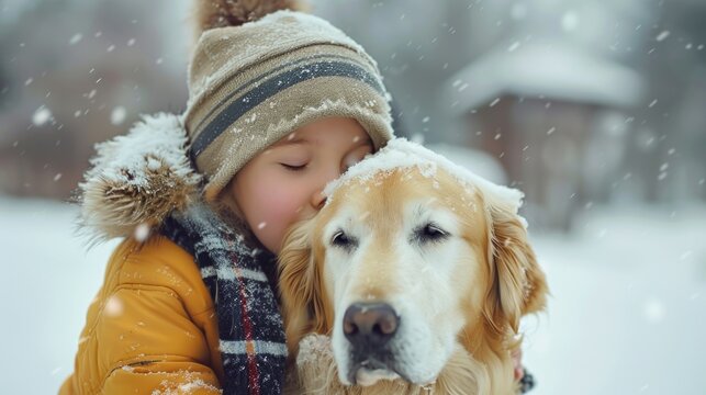A heartwarming image of a little girl embracing a dog in the snowy outdoors. Ideal for illustrating love and friendship themes