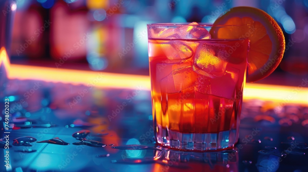 Poster a close up of a drink in a glass on a table. suitable for various beverage concepts