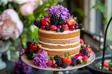 Elegant cake adorned with fresh berries and flowers on a vintage cake stand.


