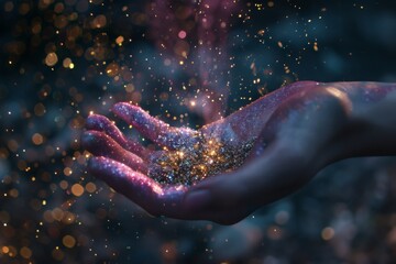 Fototapeta premium Hand holding cosmic glitter with a mystical energy in a dark universe setting.