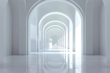 A long hallway with arches and a white floor. Suitable for architectural or interior design projects