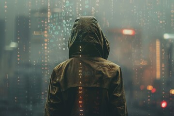Mysterious figure in hooded jacket facing a cityscape at night, raindrops on window create a moody atmosphere

