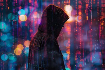 Mysterious figure in hood against a backdrop of digital rain, evoking cyberpunk and futuristic themes.

