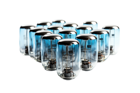 Group of Blue Tubes Arranged Side by Side. A collection of blue tubes are lined up next to each other in an organized manner. The tubes vary in sizes and are placed on a flat surface.