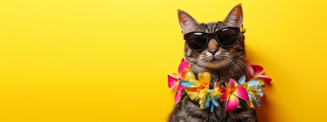 Stylish cat with hawaiian costume on yellow background with copyspace. Summer fashionable trend...