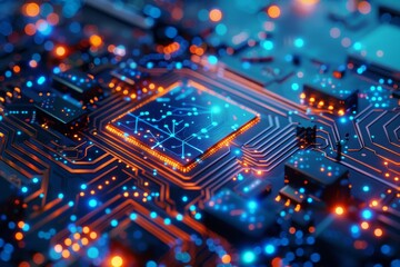 Obraz premium Close-up of a high-tech circuit board with glowing blue lights, embodying innovation and technology