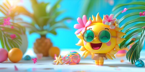 Fototapeta na wymiar 3D cute sun chartacter with hawaiian costume on tropical sea and beach blurred background. Summer festive time
