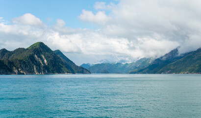 View of Resurrection Bay from the cruising boat. Kenai Fjords National Park. Alaska.