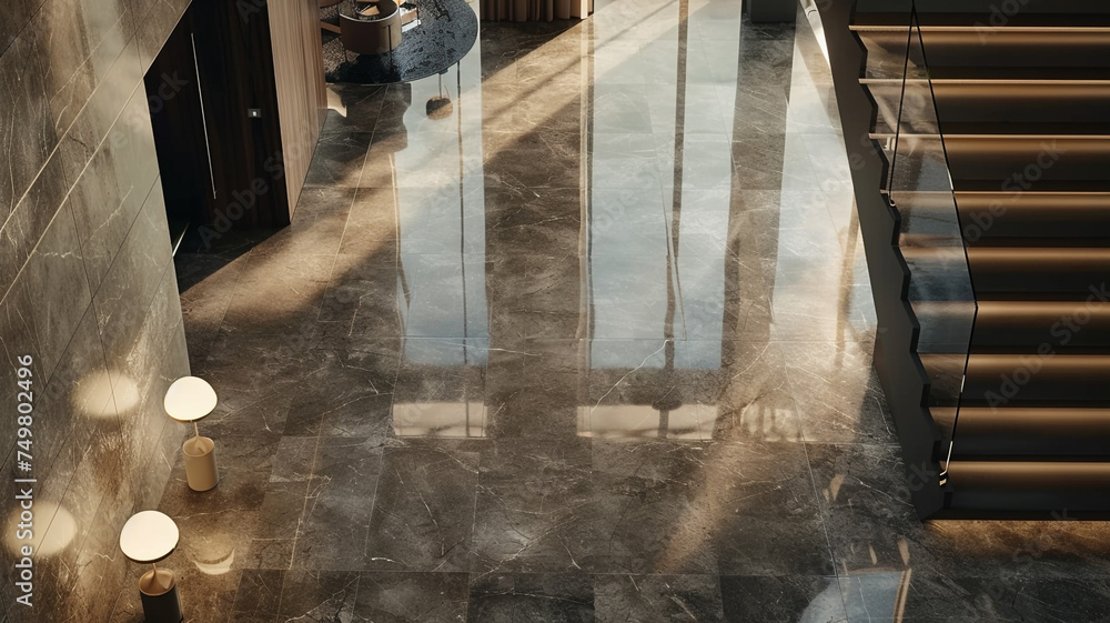 Poster an ultra-hd image showcasing a modern floor design with large format porcelain tiles in a metallic f