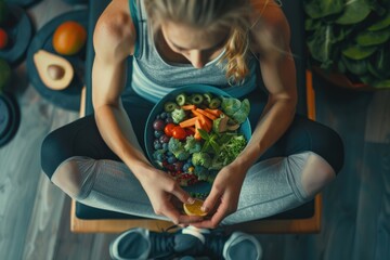 A woman sitting on a chair holding a bowl of fresh produce. Ideal for health and nutrition concepts