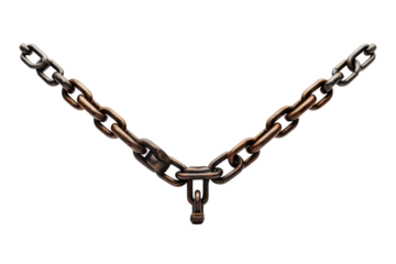 Metal Chain. A metal chain is displayed prominently on a clean white background. The chains links are visible, reflecting light and creating a stark contrast against the plain background.