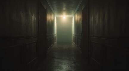 Fototapeta na wymiar An empty hallway is illuminated with a light shining in it, showcasing moody tonalism, psychological horror, and cabincore aesthetics.