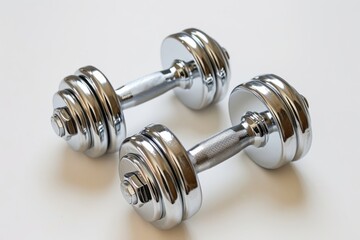 Obraz premium A set of chrome-plated dumbbells, constructed with a steel/iron frame, is shown on a white background, showcasing digital as manual aesthetics in a light silver color.