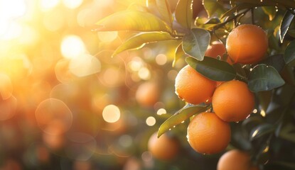 An orange tree, with oranges on it, is captured at daytime with sunset, showcasing bokeh panorama...