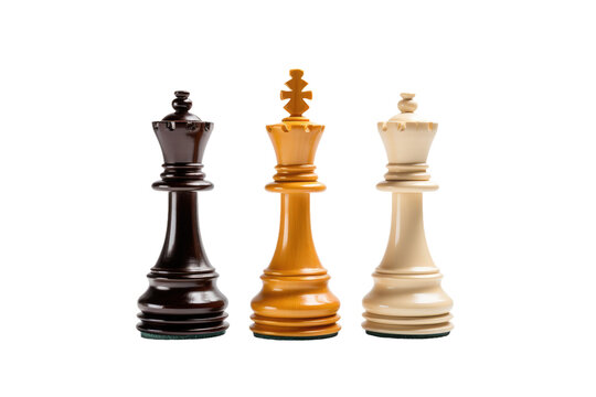 Three Chess Pieces. Three chess pieces including a king queen and rook are arranged on a stark white background. The pieces are made of contrasting colors and textures creating a striking composition.