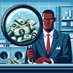 businessman with money and magnifying glass in the laundry room