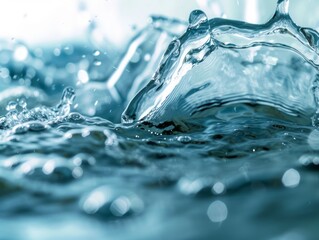 A close-up view of water flowing over blue water is presented, showcasing conceptual minimalism, precisionist lines, and a selective focus on the white background.