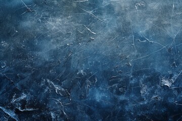 A close-up view of the frozen surface of an ice rink is presented, showcasing a grungy texture, dark sky-blue color, a smokey background, and a chalky effect.