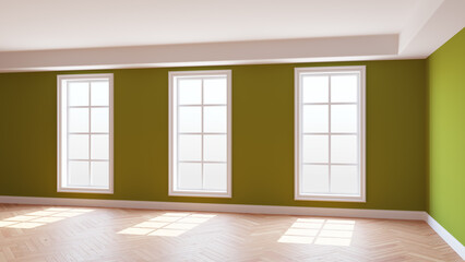 Khaki Room with Three Large Windows, Light Glossy Herringbone Parquet Floor and a white Plinth. Beautiful Concept of the Empty Interior. 3D Rendering, Ultra HD 8K, 7680x4320, 300 dpi